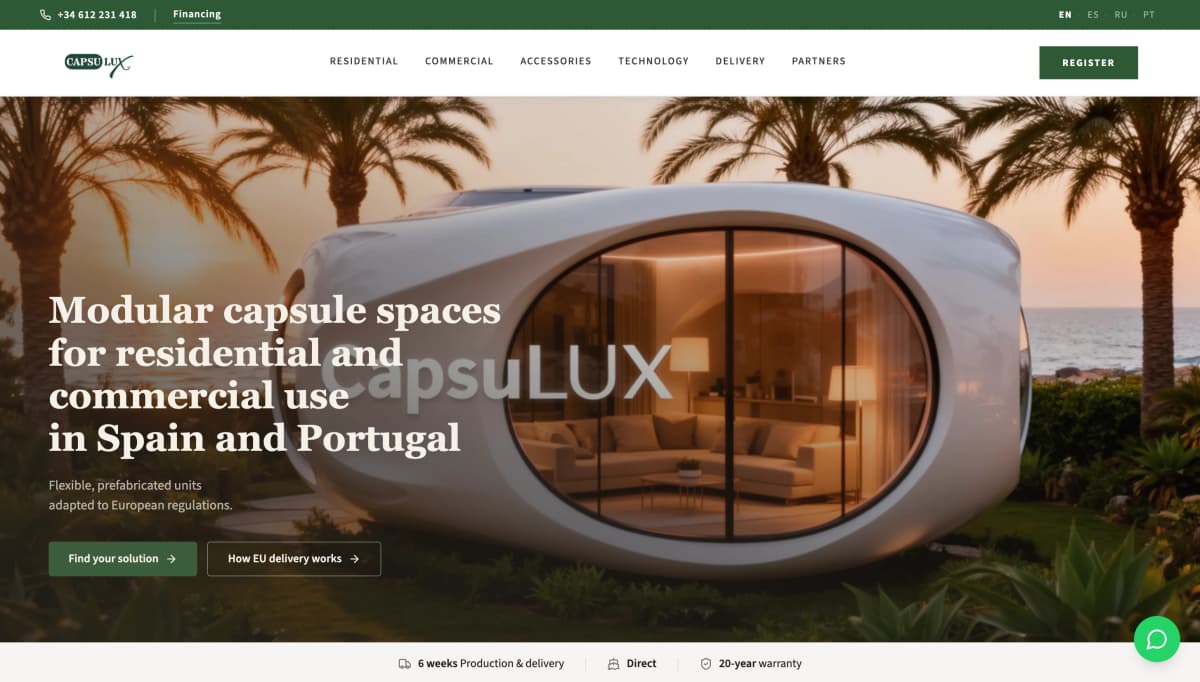 CapsuLux — Modular capsule spaces for residential in Spain